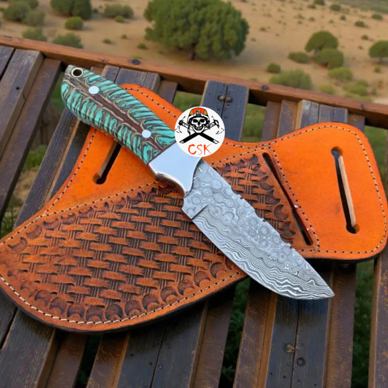 RANCH COWBOY KNIFE 3.25" DAMASCUS BLADE WITH PINE CONE RESIN HANDLE