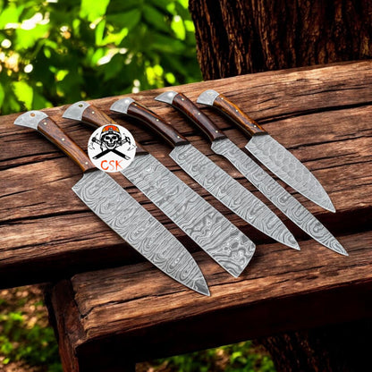 Handmade Damascus steel kitchen chef knives set