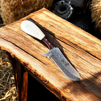 Handmade Damascus Steel Cowboy Knife with Bone and Rosewood Handle