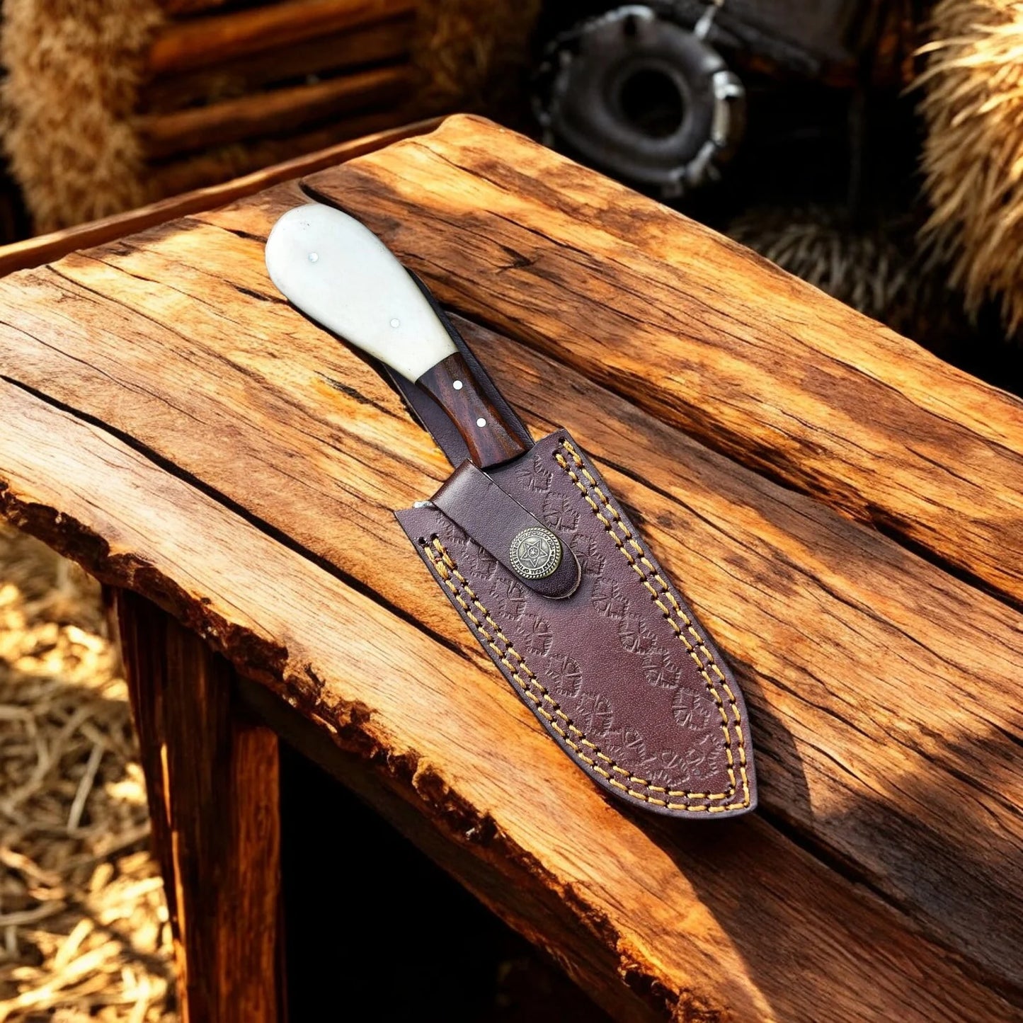 Handmade Damascus Steel Cowboy Knife with Bone and Rosewood Handle