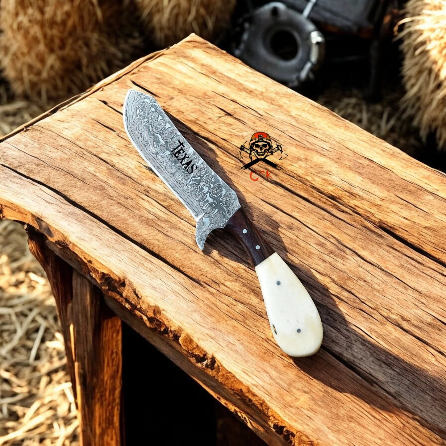 Handmade Damascus Steel Cowboy Knife with Bone and Rosewood Handle