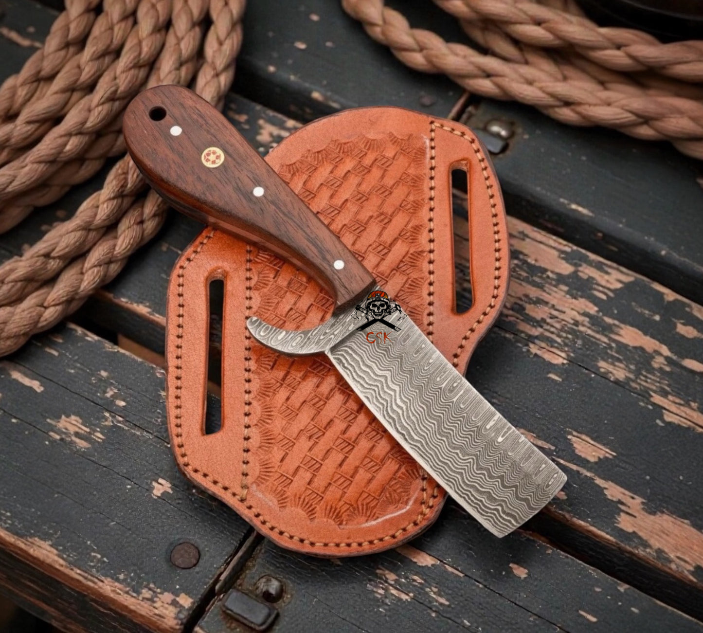Bull Cutter Knife Damascus Blade, Rose Wood Handle And Pancake Sheath