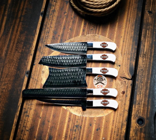 Harley‑Style Biker Forged D2 Steel 5‑Piece Kitchen Knife Set — Powder‑Coated Blades for Outdoor BBQ & Camping