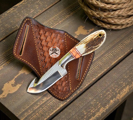 Handmade Rasp Steel Cowboy Gut Hook Knife with Stag Horn and Turquoise Handle - Leather Belt Sheath