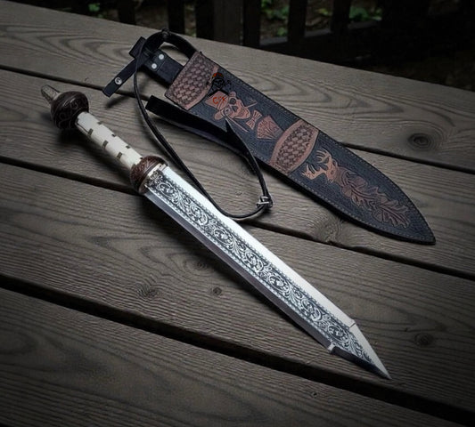 Roman Ornate Gladiator Sword - Engraved Blade, Bone Handle, Skull Deer Leather Sheath