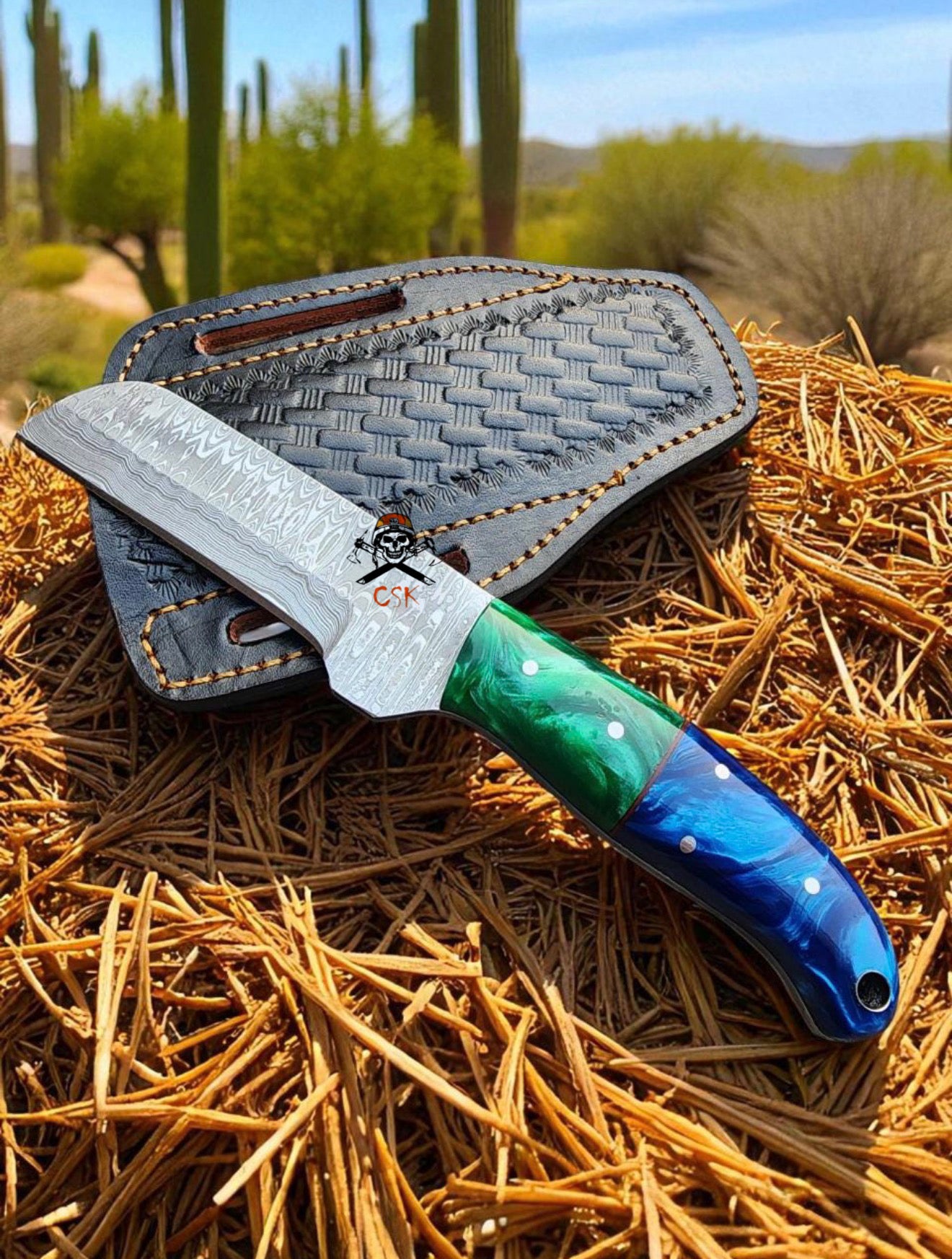 7.5” Handmade Damascus Steel Cowboy Bull Cutter Knife - Green Blue Epoxy Resin Handle - Belt Sheath