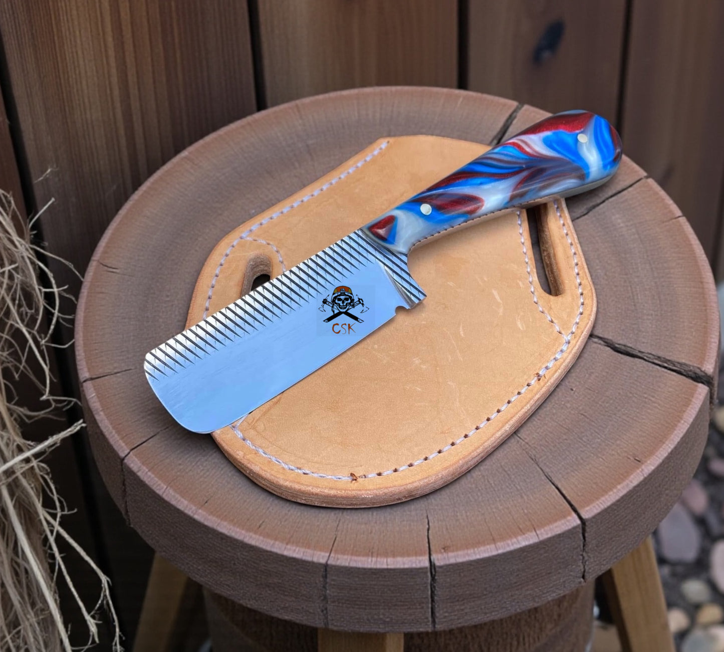 Handmade Bull Cutter Knife 4” Rasp Tool Steel Blade With Pancake Sheath