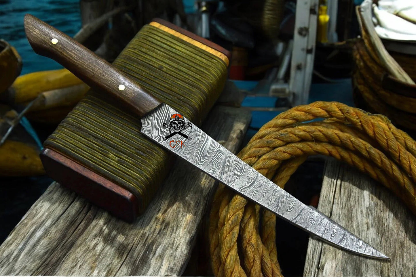 Handmade Personalized Damascus Fillet Knife with Rosewood Handle