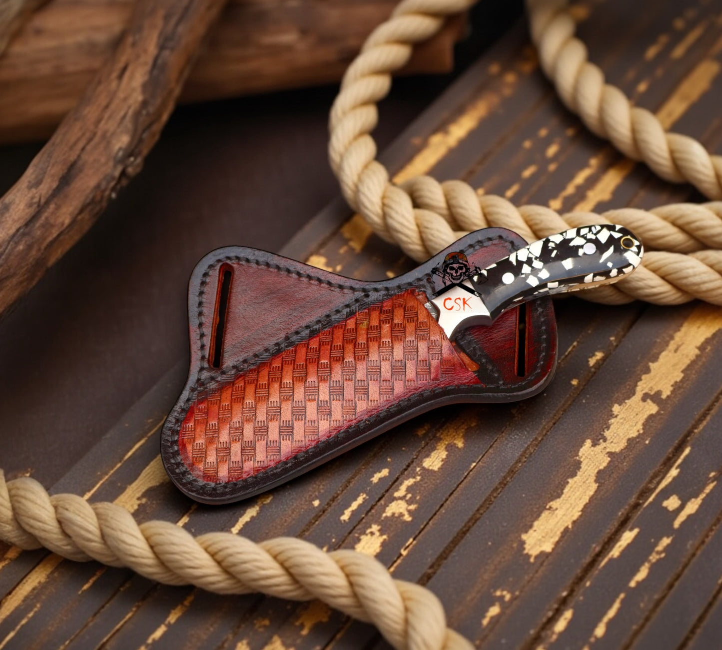 Rancher’s Damascus Belt Knife – 4.25” Cowboy Skinner with Epoxy Resin Handle