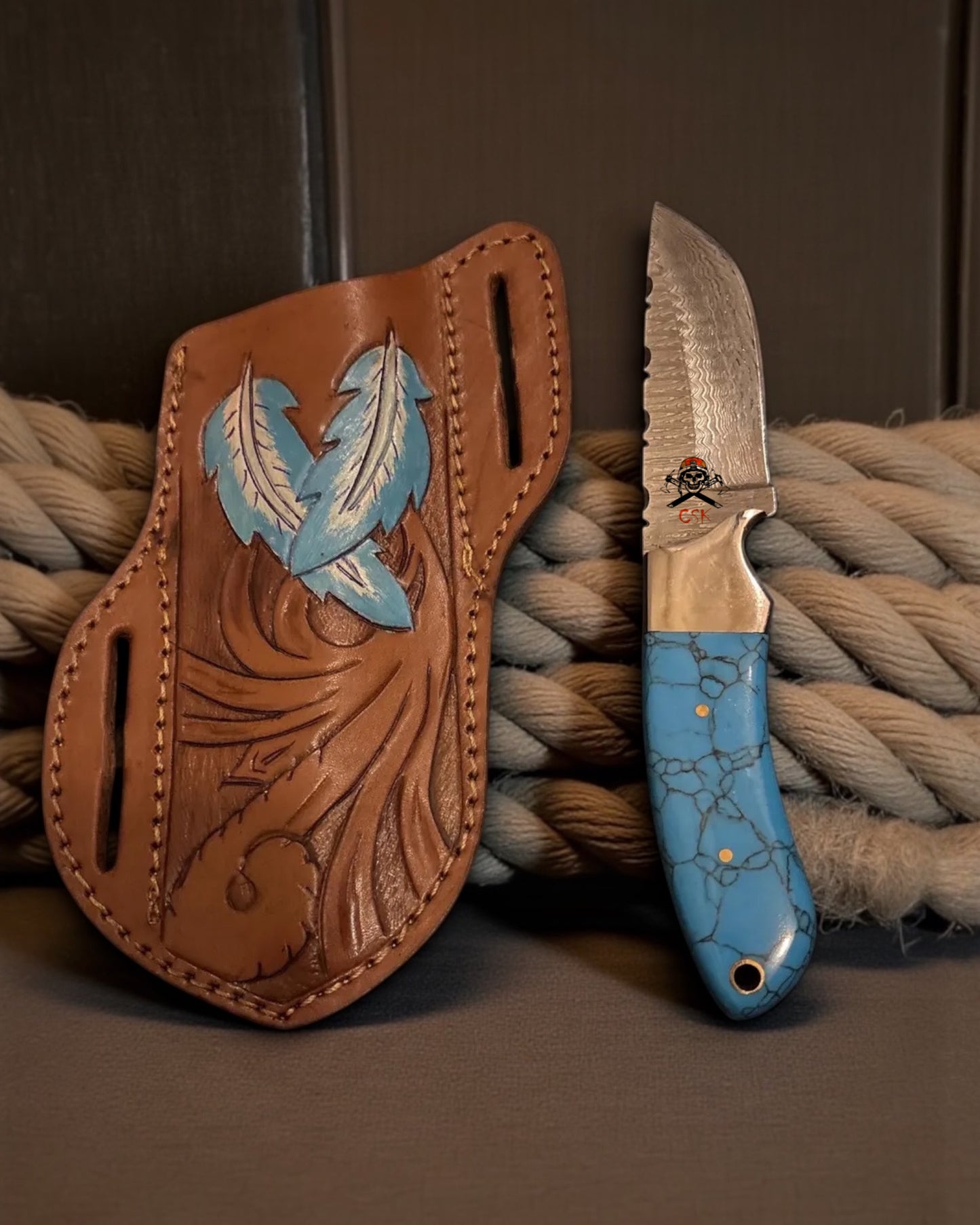 Handmade Damascus Steel Cowboy Ranch Knife - 3.75” Blade Turquoise Handle
