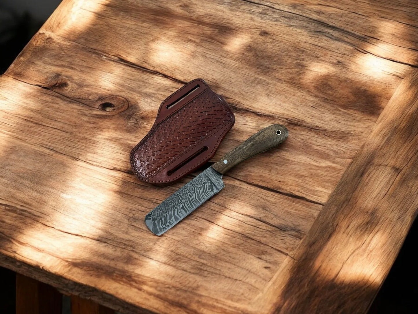 Premium Damascus Bull Cutter Knife | Walnut Wood Handle & Sheath