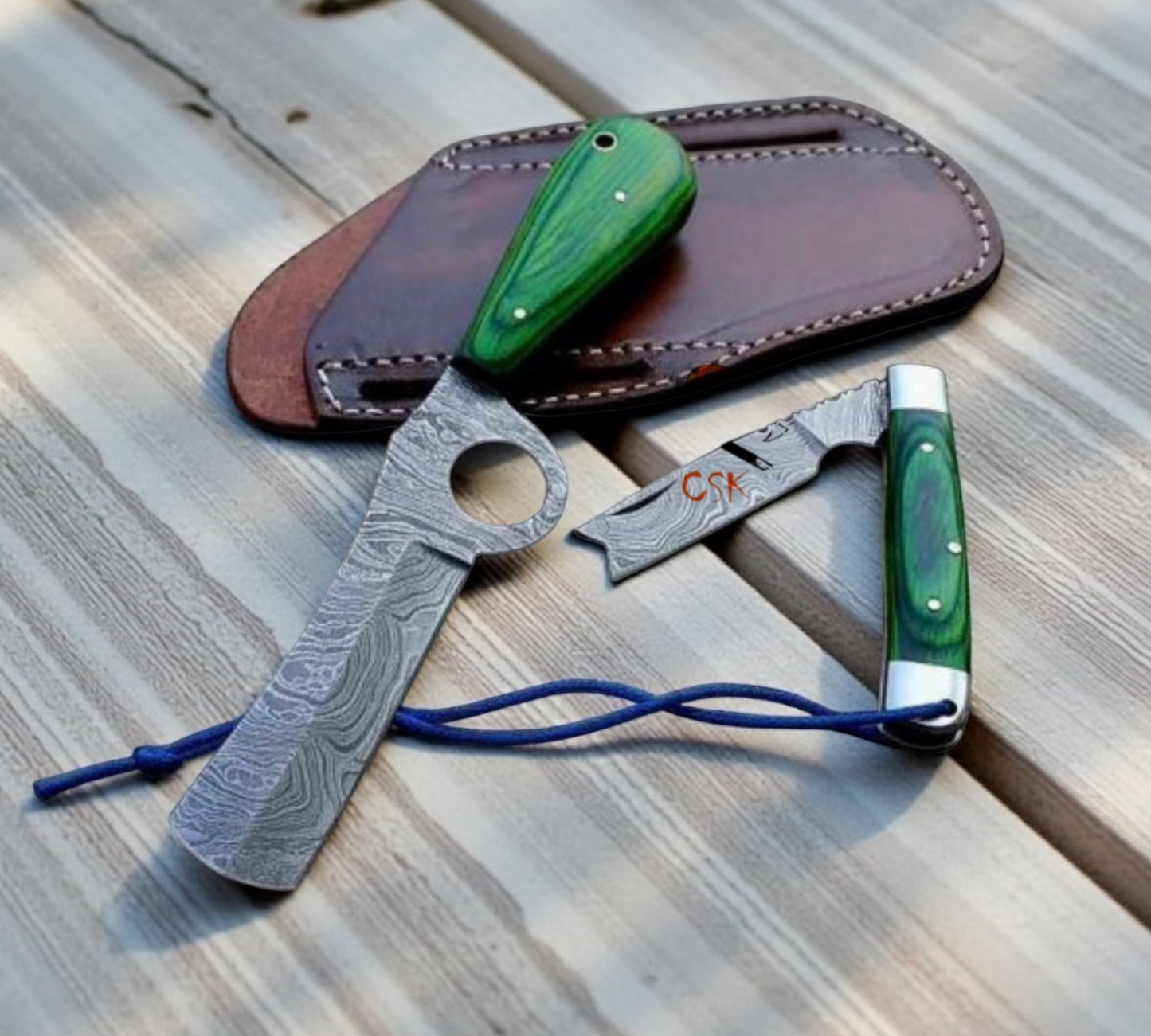 Cowboy Bull Cutter Knives Set - Handmade Damascus Blades & CrossDraw Sheath