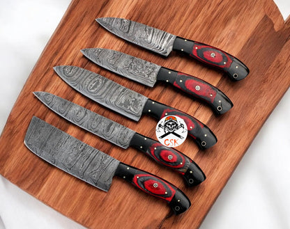 Exquisite Handmade 5pcs Chef Knives - Damascus Steel Masterpiece Kitchen Set