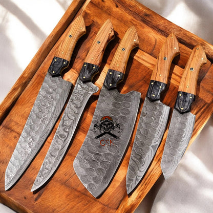 Handmade Premium 5Pcs Damascus Knife Set with Olivewood Handles