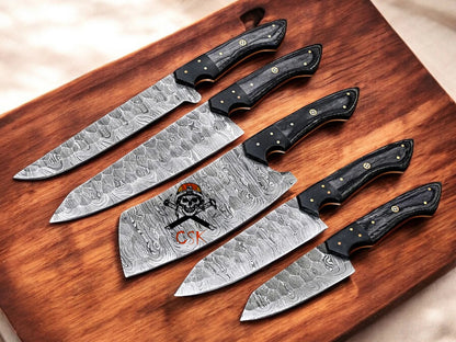 Handmade Premium 5Pcs Damascus Knife Set with Black Pakka Wood Handles