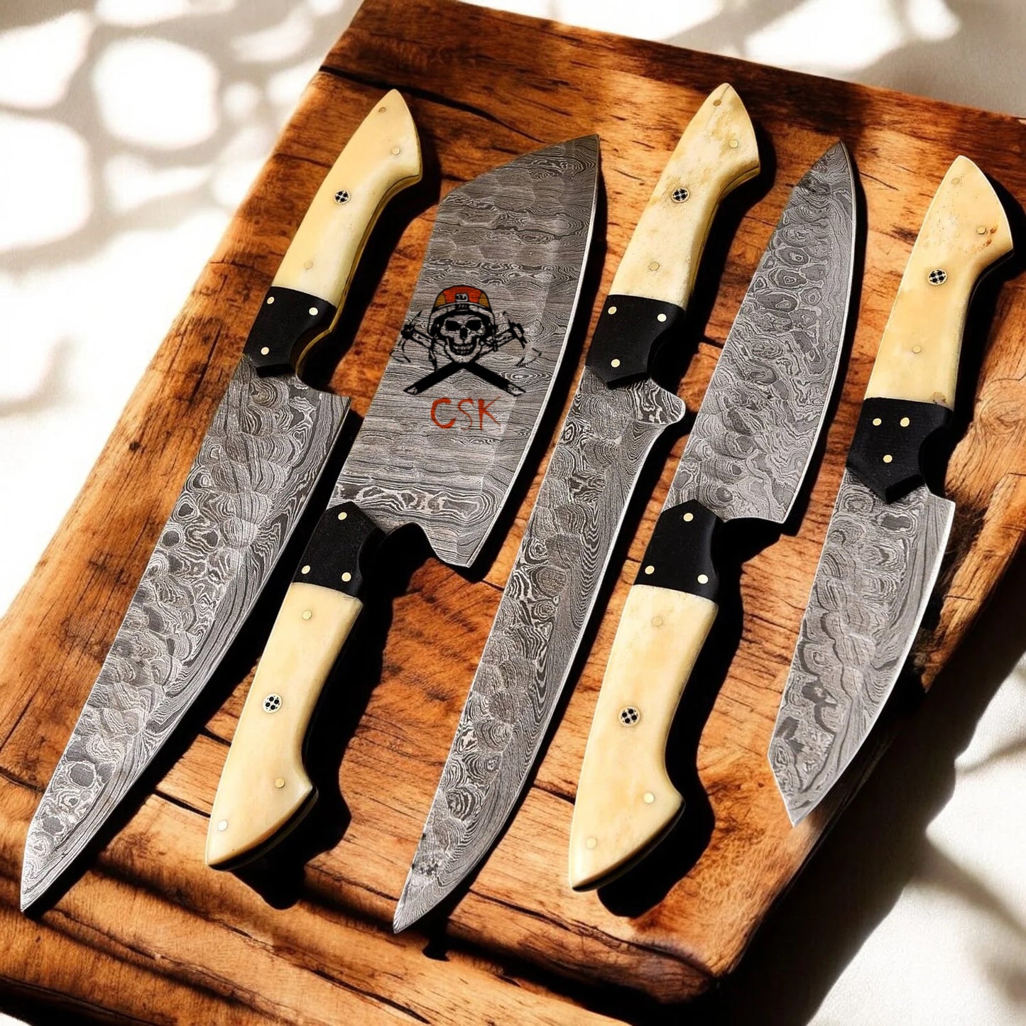 Handmade Premium 5Pcs Damascus Knife Set with Bone Handles