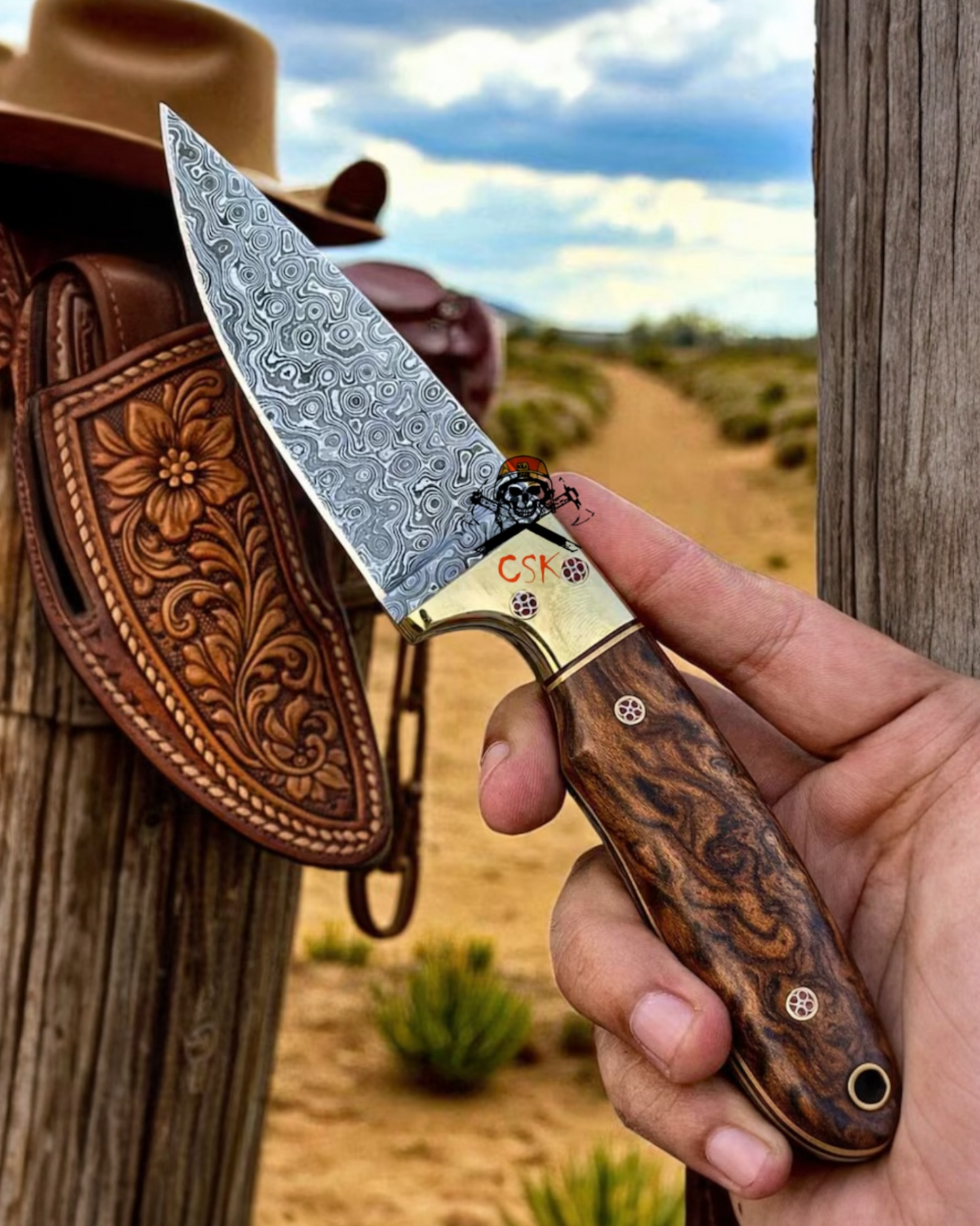 Country Buckaroo Knife – 3” Damascus Blade With Rosewood Handle & Pancake Sheath