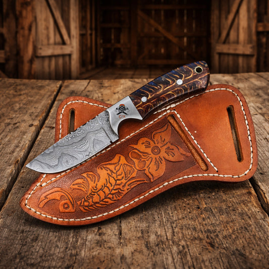 Rancher Belt Knife – 3.5” Damascus Steel With Pine-Cone Resin Handle
