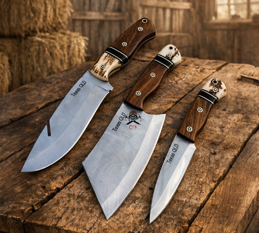 Cowboy Hunting Set – D2 Steel Blades Rosewood & Antler Handle With Belt Kit