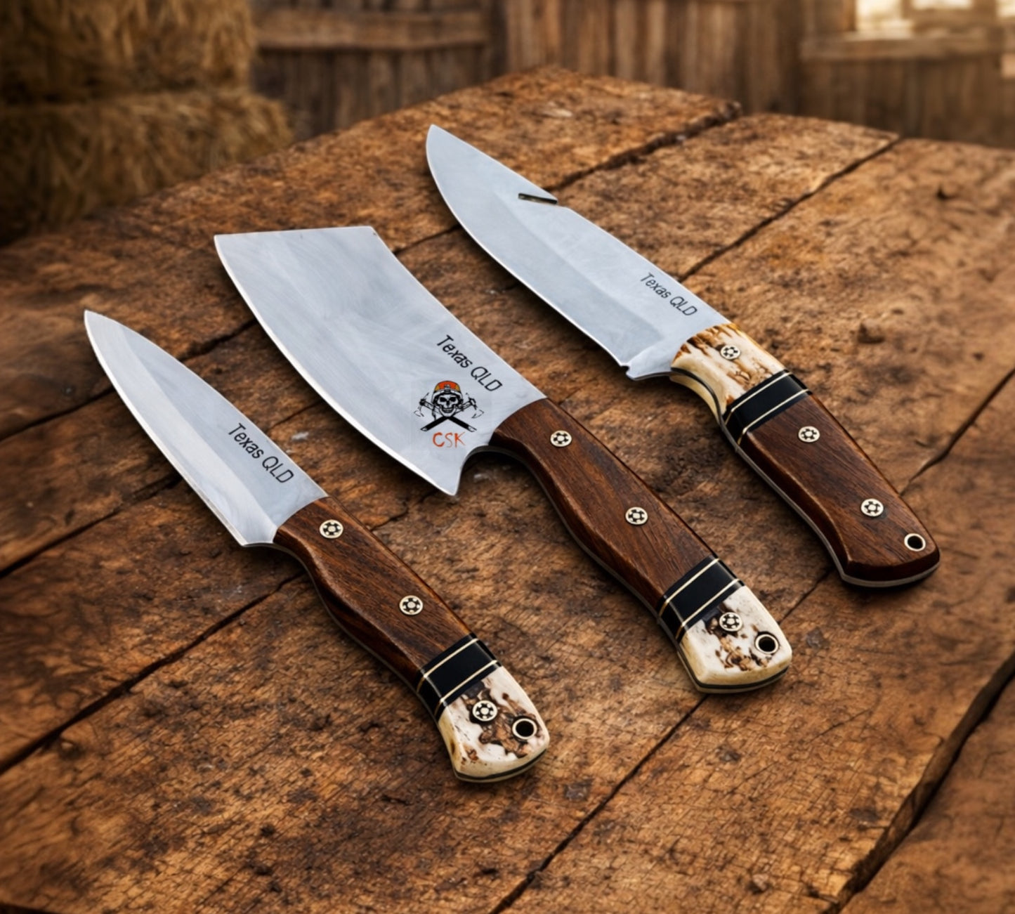 Cowboy Hunting Set – D2 Steel Blades Rosewood & Antler Handle With Belt Kit