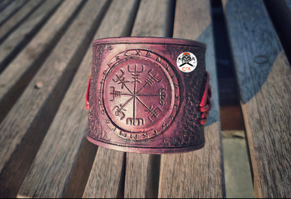 Viking Vegvisir Valknut Leather Cuff, Hand Tooled Carving-Engraving Antic Purple Wide Bracelet