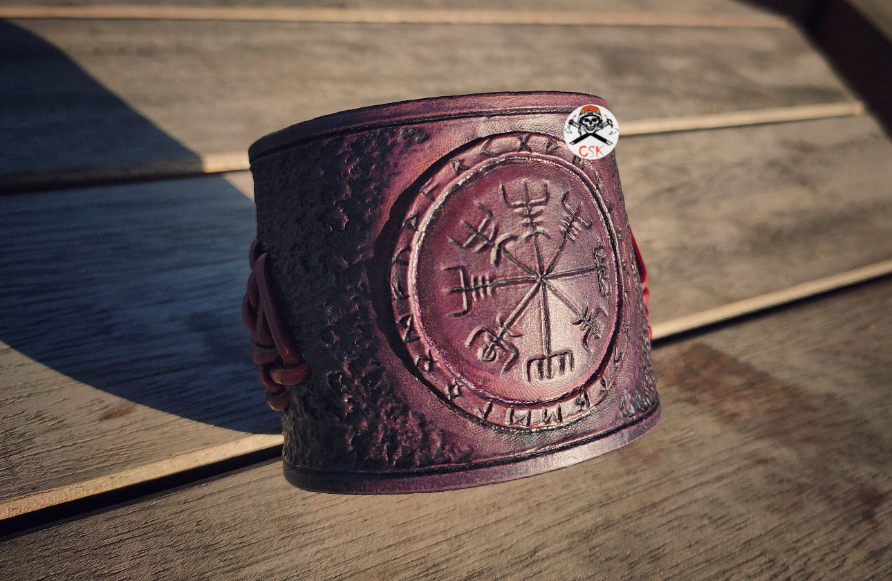 Viking Vegvisir Valknut Leather Cuff, Hand Tooled Carving-Engraving Antic Purple Wide Bracelet