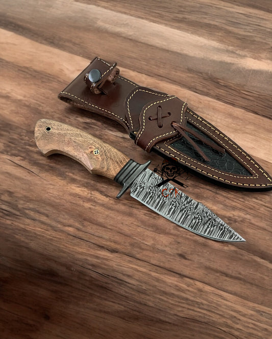 Handcrafted Bobcat Knife – 9.25’’ Damascus Steel Blade & Burlwood Handle | Unique Hunting, Outdoor, and Collector’s Knife