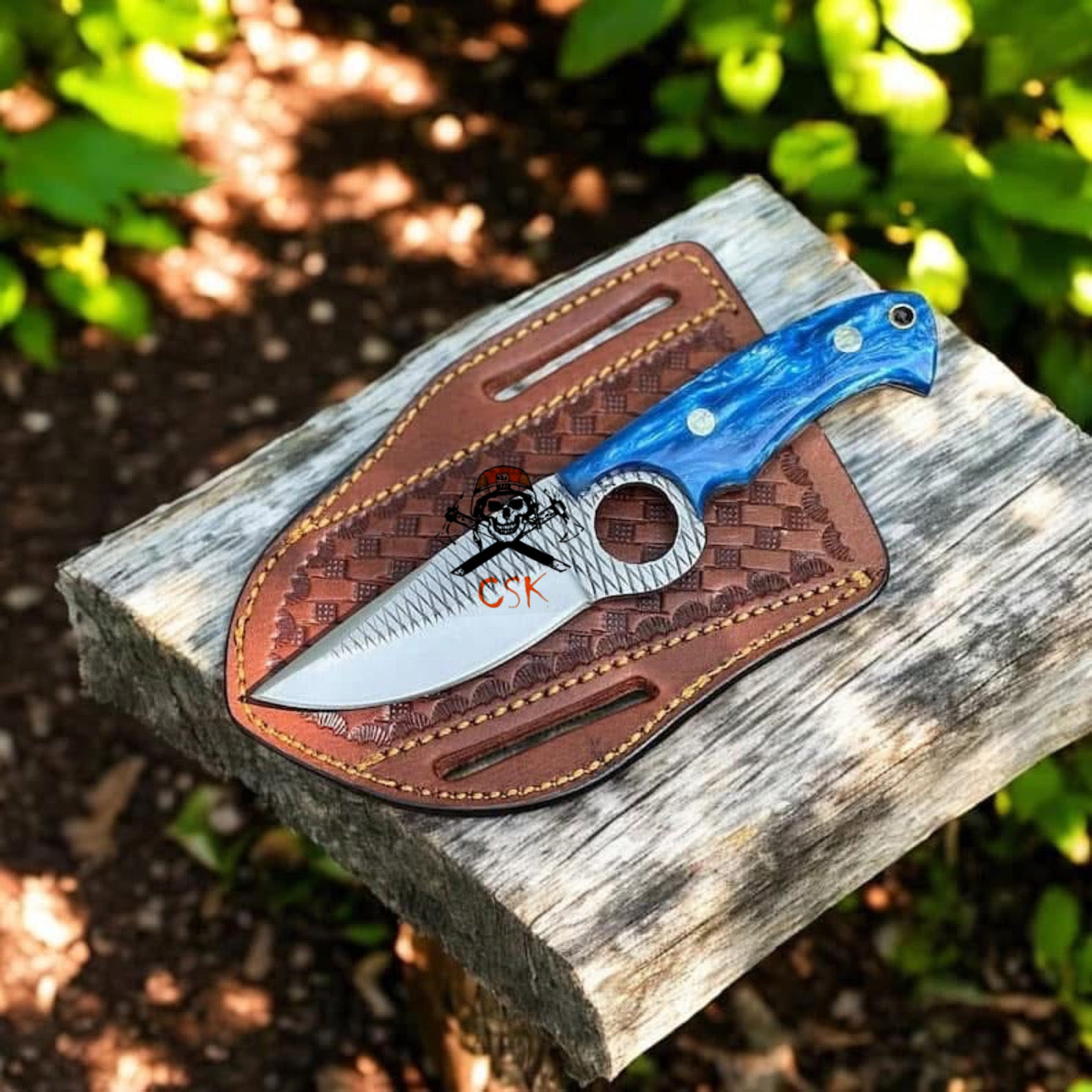 Hand-Forged Rasp Steel Knife | Blue Resin Handle | Tactical Finger Hole Blade with Leather Sheath