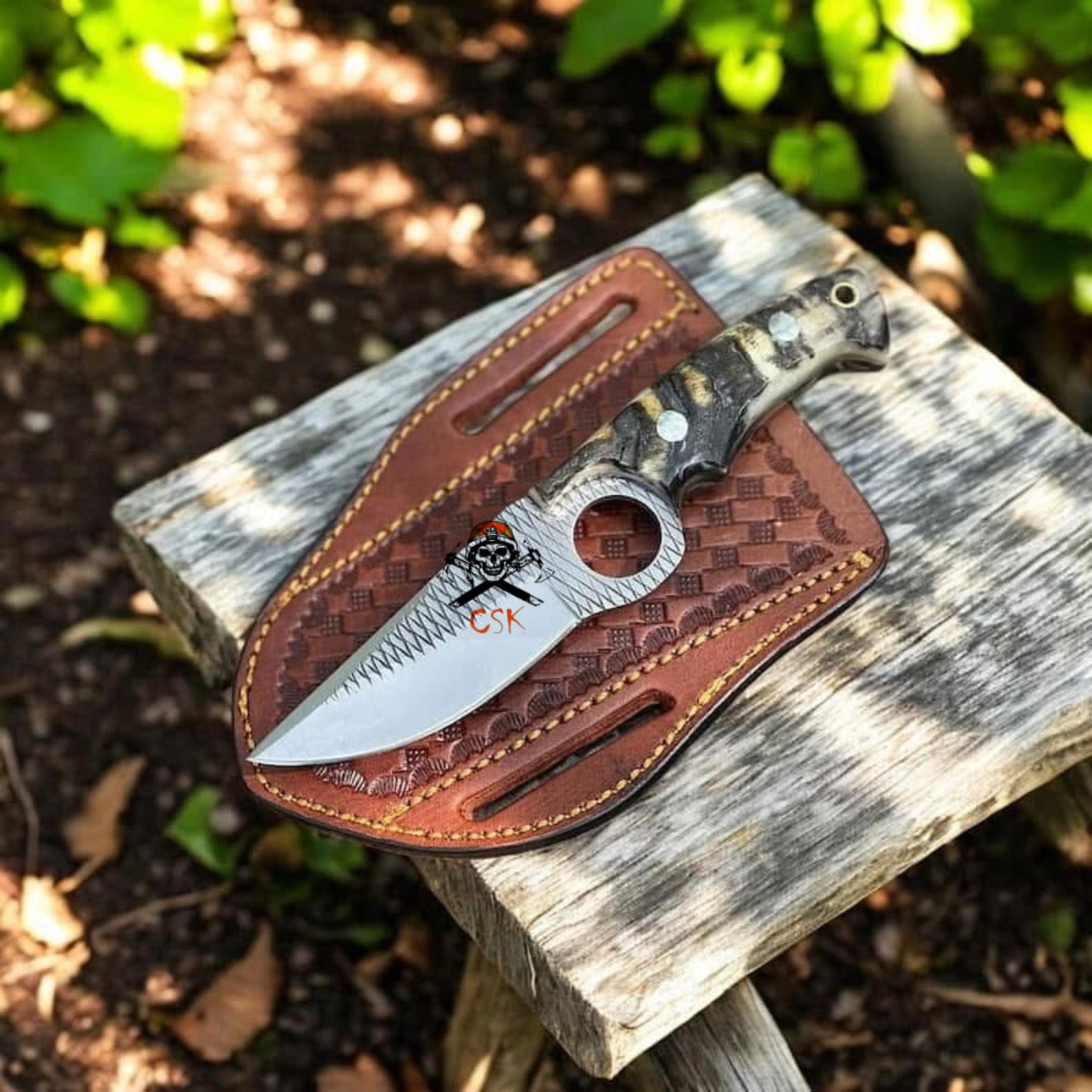 Hand-Forged Rasp Steel Knife |Sheap Horn Handle | Tactical Finger Hole Blade with Leather Sheath