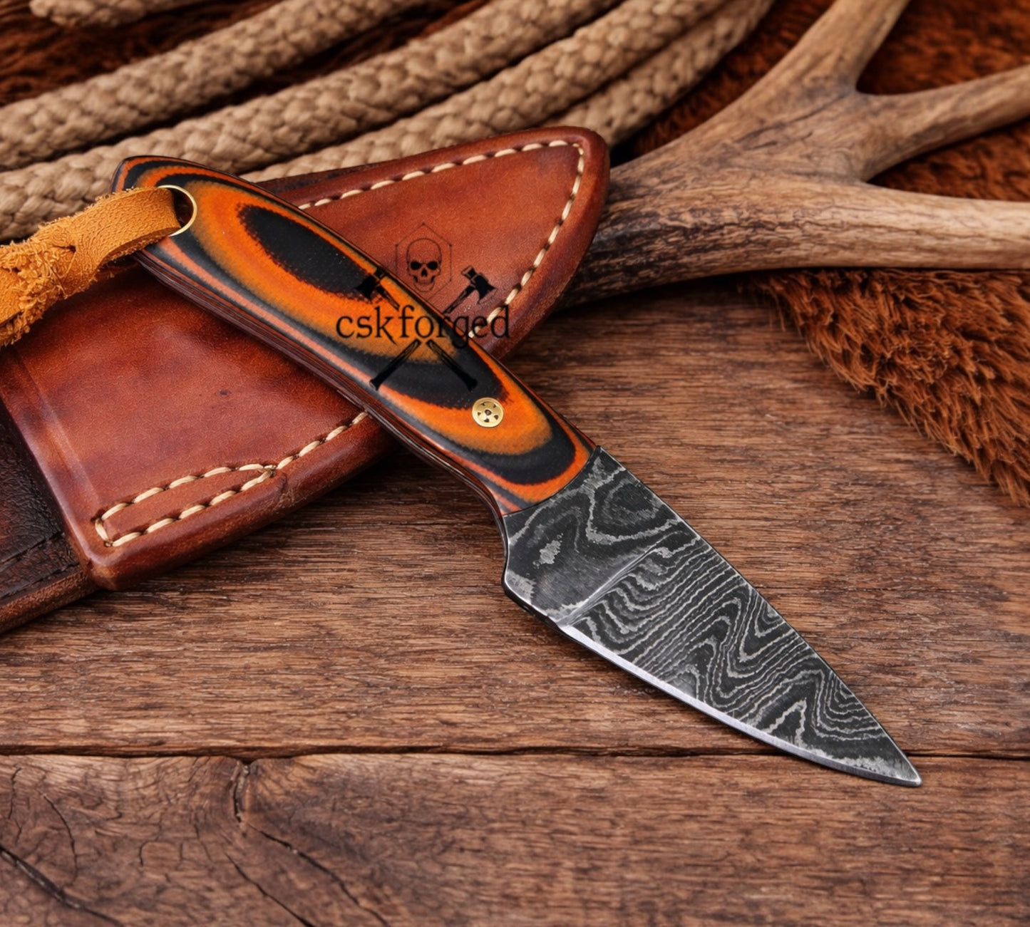 Cowhand Buckaroo Knife – 3” Damascus Steel Blade Micarta Handle Belt Sheath