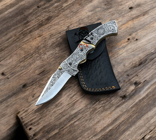 Hand-Engraved Viking Pocket Knife with Ornate Norse Design & Leather Sheath