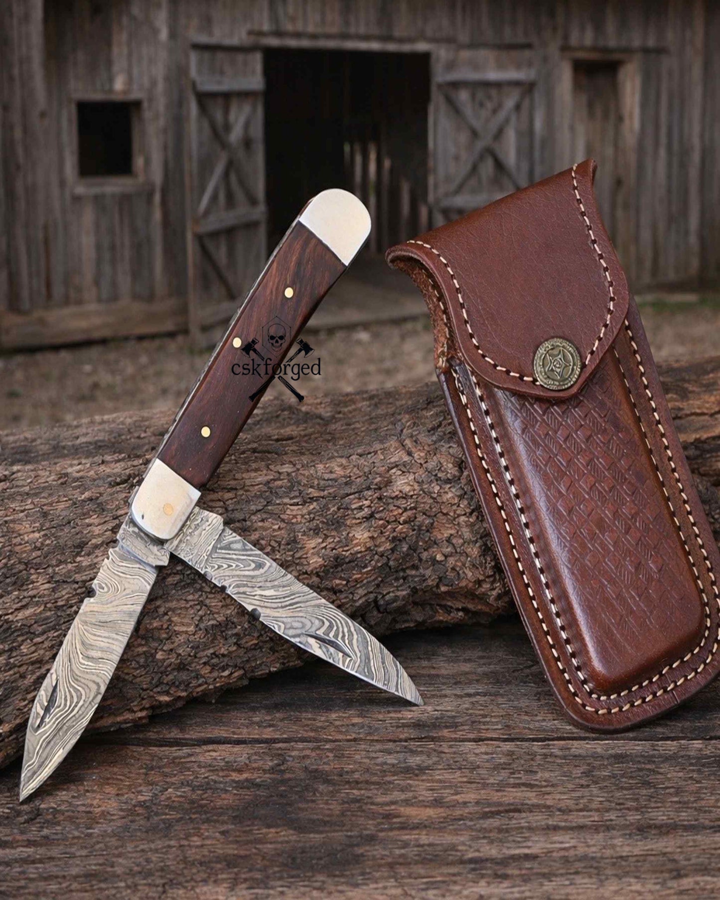 Cowboy Folding Knife – Damascus Steel Trapper Pocket Knife Rosewood