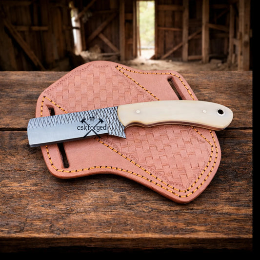 Cowboy Knife Rasp Steel Blade Bone Handle with Pancake Sheath