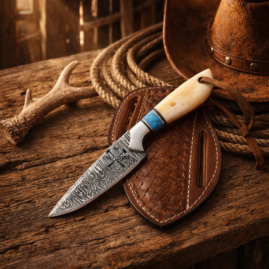Handmade Damascus Cowboy Working Knife Bone Handle Pancake Leather Sheath