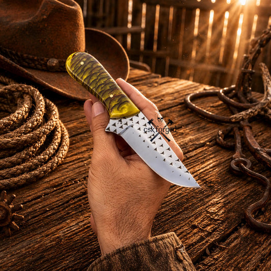 Western Cowboy Knife - 3.5” Rasp Tool Steel Blade with Pine Cone Handle