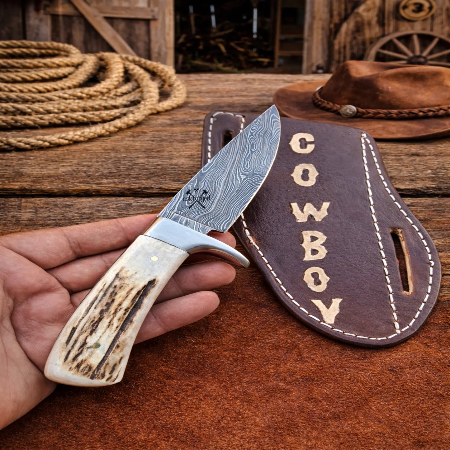 Cowboy Sheath Knife – 3.75” Damascus Steel Antler Handle
