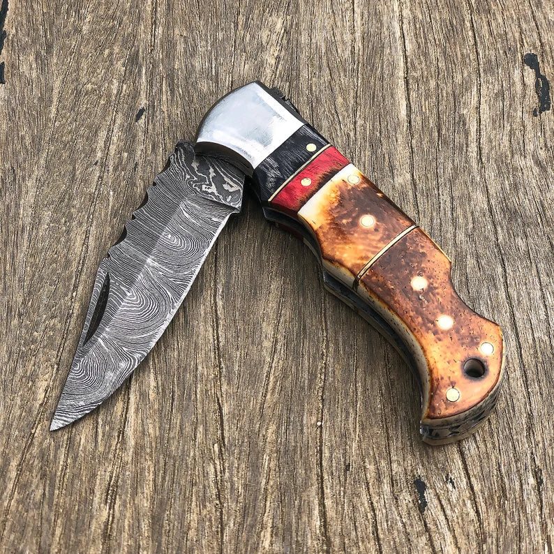 DAMASCUS POCKET KNIFE, HANDMADE FOLDING KNIFE, MADE OF BURNT CAMEL BONE