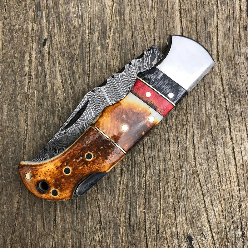 DAMASCUS POCKET KNIFE, HANDMADE FOLDING KNIFE, MADE OF BURNT CAMEL BONE