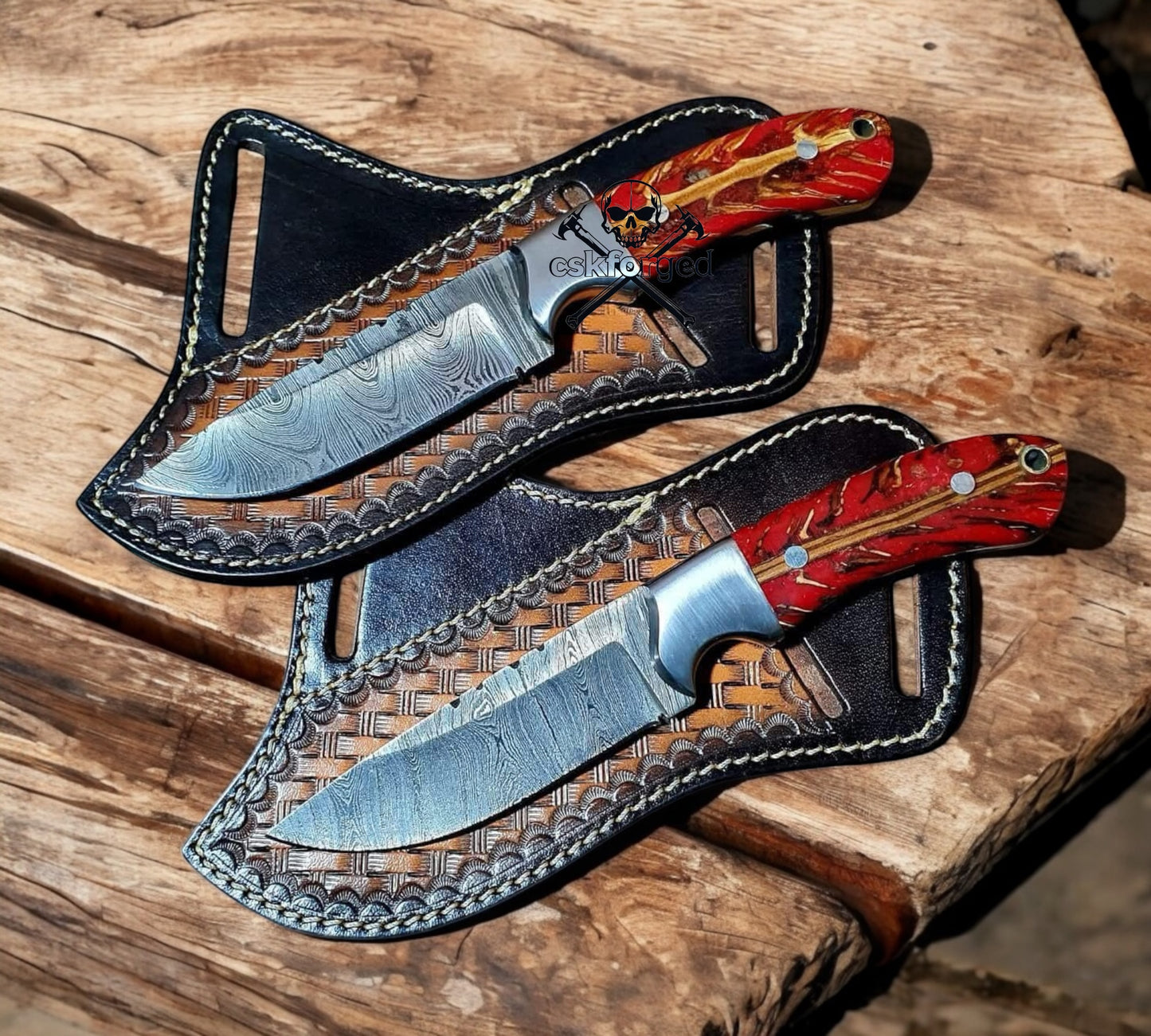 COWBOY BELT KNIFE SHEATH – 7.5" DAMASCUS BLADE WITH PINE-CONE RESIN HANDLE