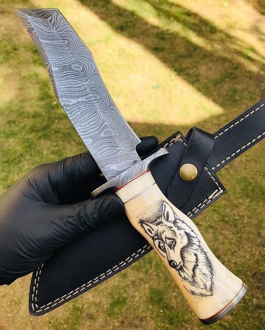 Handmade Damascus Hunting Camping Knife with Stained Bone,Damascus Guard and Pommel Handle