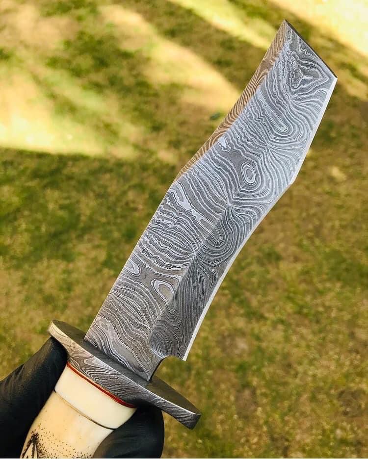 Handmade Damascus Hunting Camping Knife with Stained Bone,Damascus Guard and Pommel Handle
