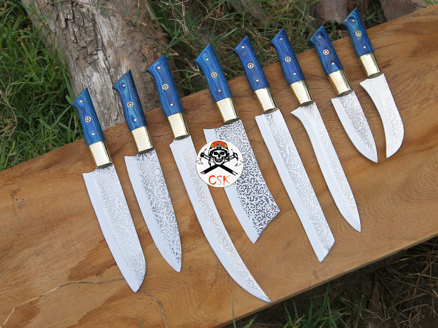 Royal Blue Handle Etched Chef Knives Set