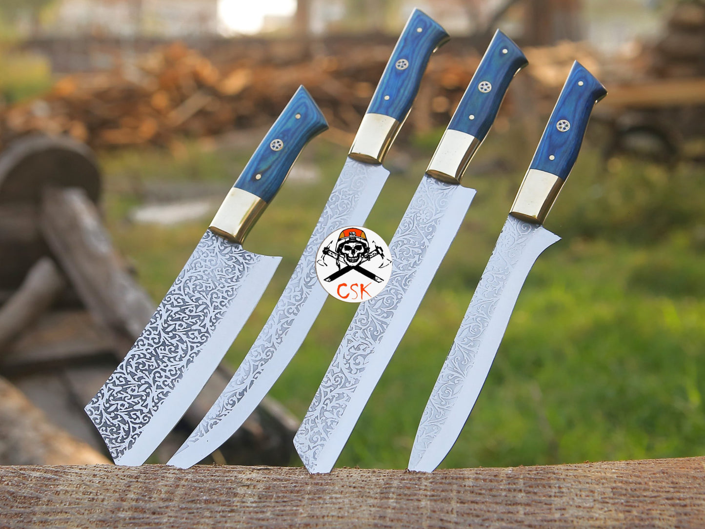 Royal Blue Handle Etched Chef Knives Set