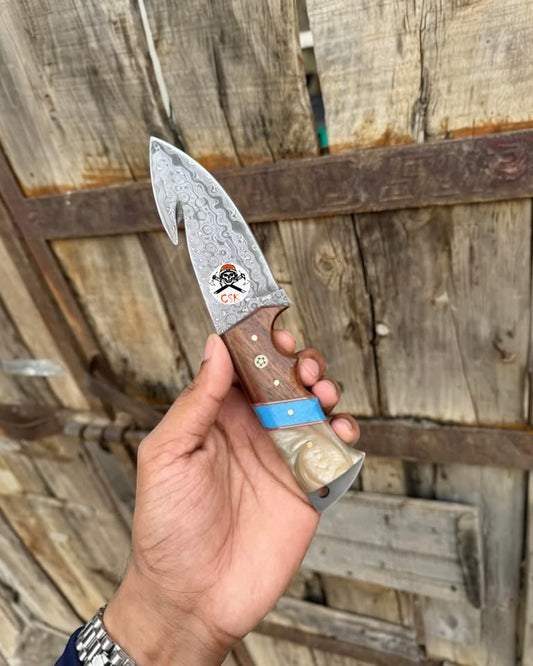 DAMASCUS EVOKE HOOK KNIFE,Rose Wood & TURQUOISE HANDLE