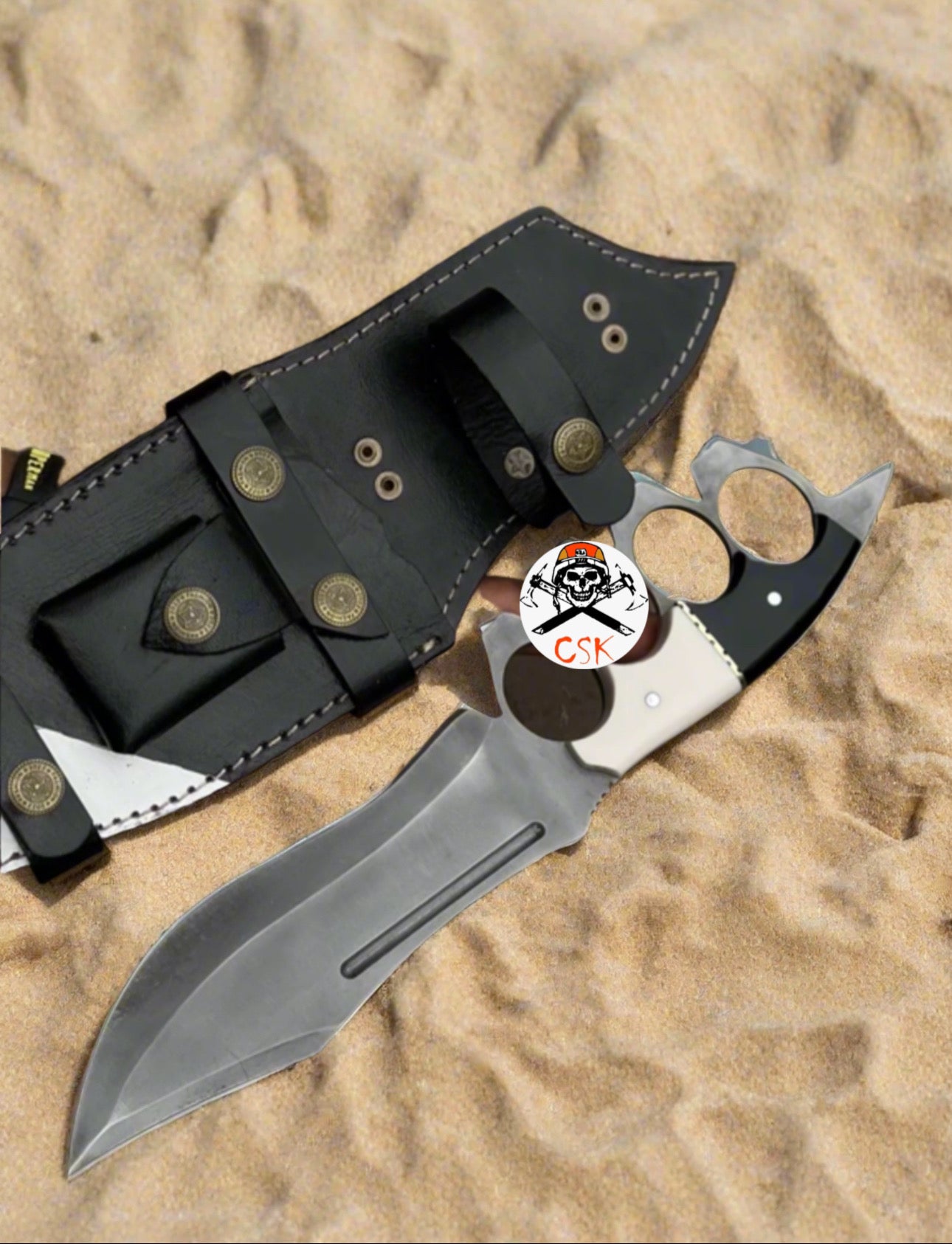 D2 Knuckle Knife with Full Tang build & Black & White handle