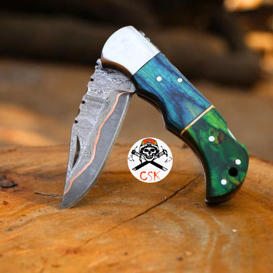 Personalized Cooper Damascus Pocket Knife with Wood Handle - Custom Valentines Day Gift Knife for Husband