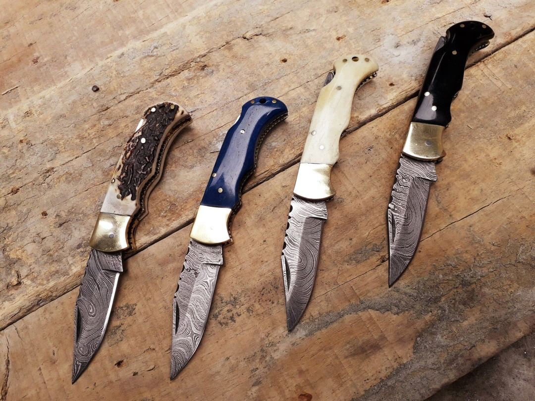 4 Damascus Steel Folding Pocket Knives