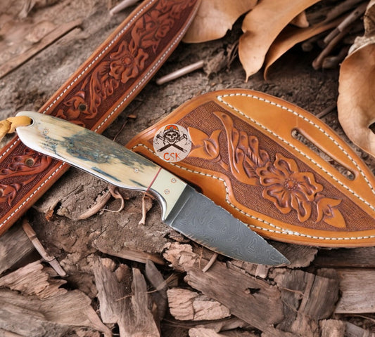 Western Cowboy Belt Knife with Damascus Blade