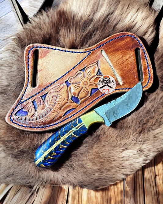 Cowboy Knife – 8" Damascus Steel Blade with Blue Epoxy Pine Cone Resin Handle & Leather Sheath