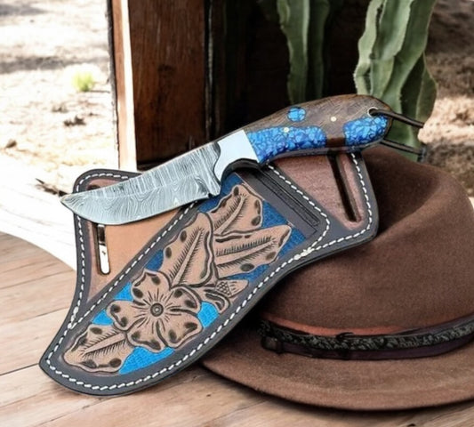 Cross Draw Sheath Hunting Knife With Damascus & Resin Handle